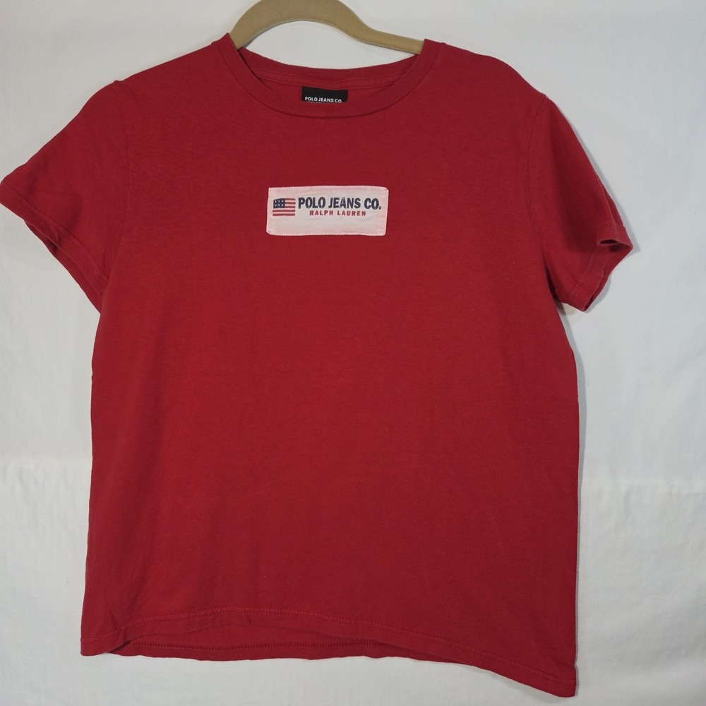 VTG Polo Jeans Ralph Lauren T shirt Womens SM Spellout American Flag Logo Red
